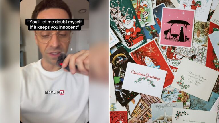 Left: cover still from an Instagram reel by @. Right: A pile of assorted vintage Christmas cards (Unsplash photo by Annie Spratt).