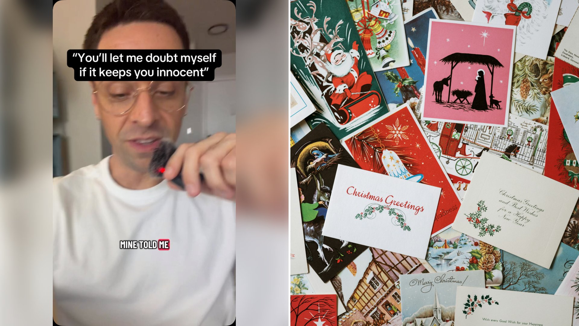 Left: cover still from an Instagram reel by @. Right: A pile of assorted vintage Christmas cards (Unsplash photo by Annie Spratt).