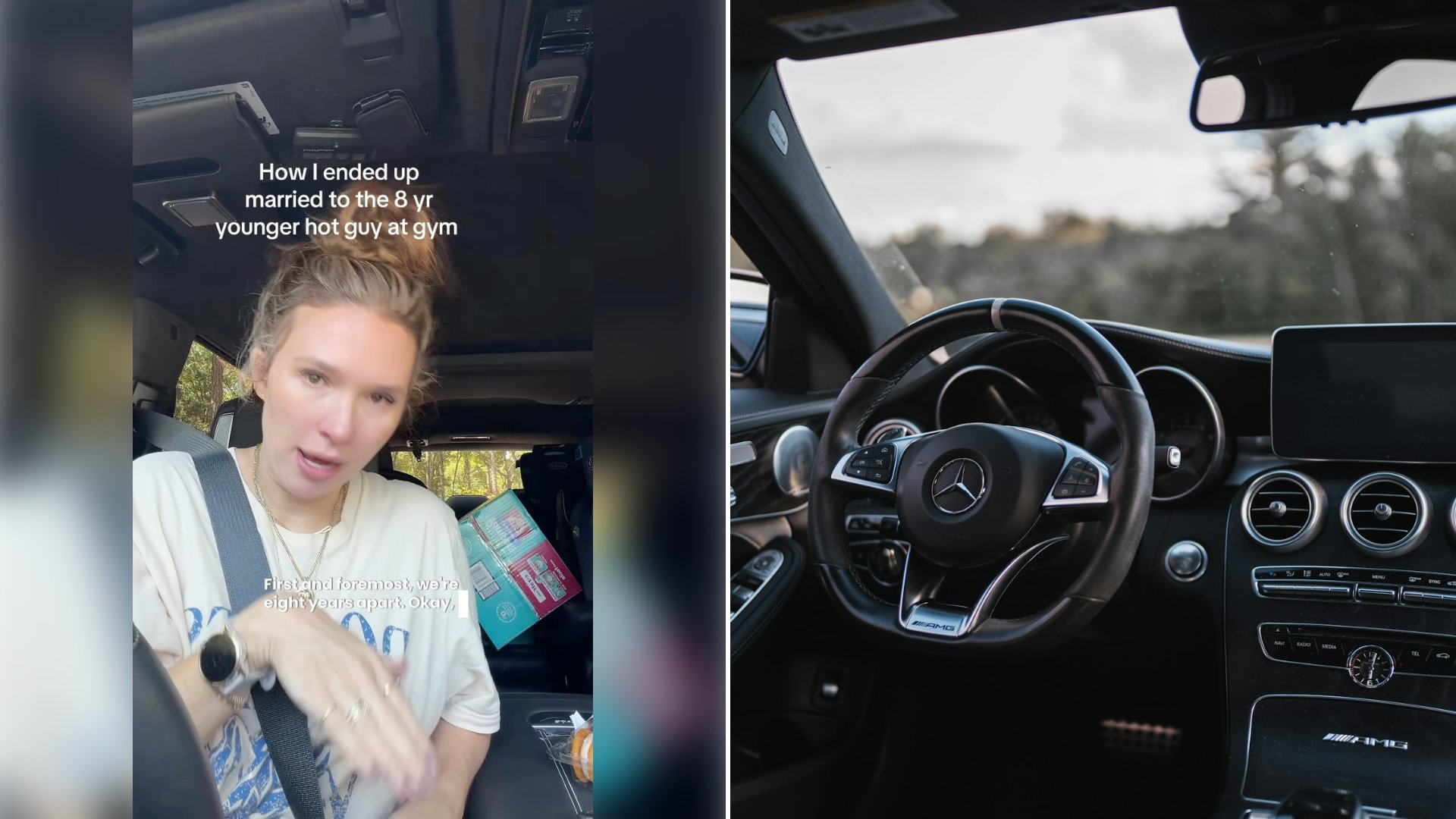 Left: cover still from an Instagram reel by @. Right: The black leather interior of a car (Unsplash photo by Benjamin Zhao).