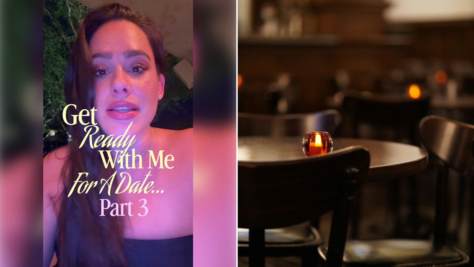 Left: cover still from a TikTok video by @@paigedav91. Right: A candle burning on a restaurant table (Unsplash photo by Yosuke Ota).