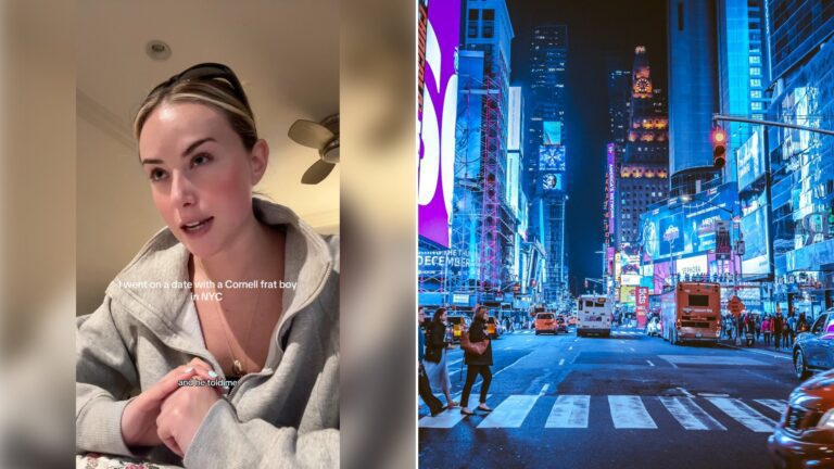 Left: cover still from an Instagram reel by @. Right: People crossing a street in Times Square under bright neon signs (Unsplash photo by Andreas Niendorf).