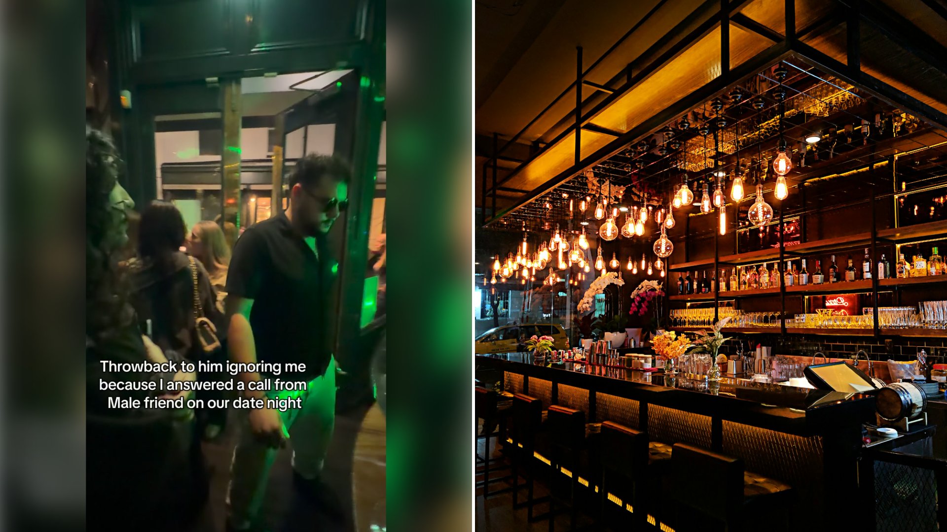 Left: cover still from an Instagram reel by @. Right: Filament bulb lights over a bar counter (Unsplash photo by qui nguyen).