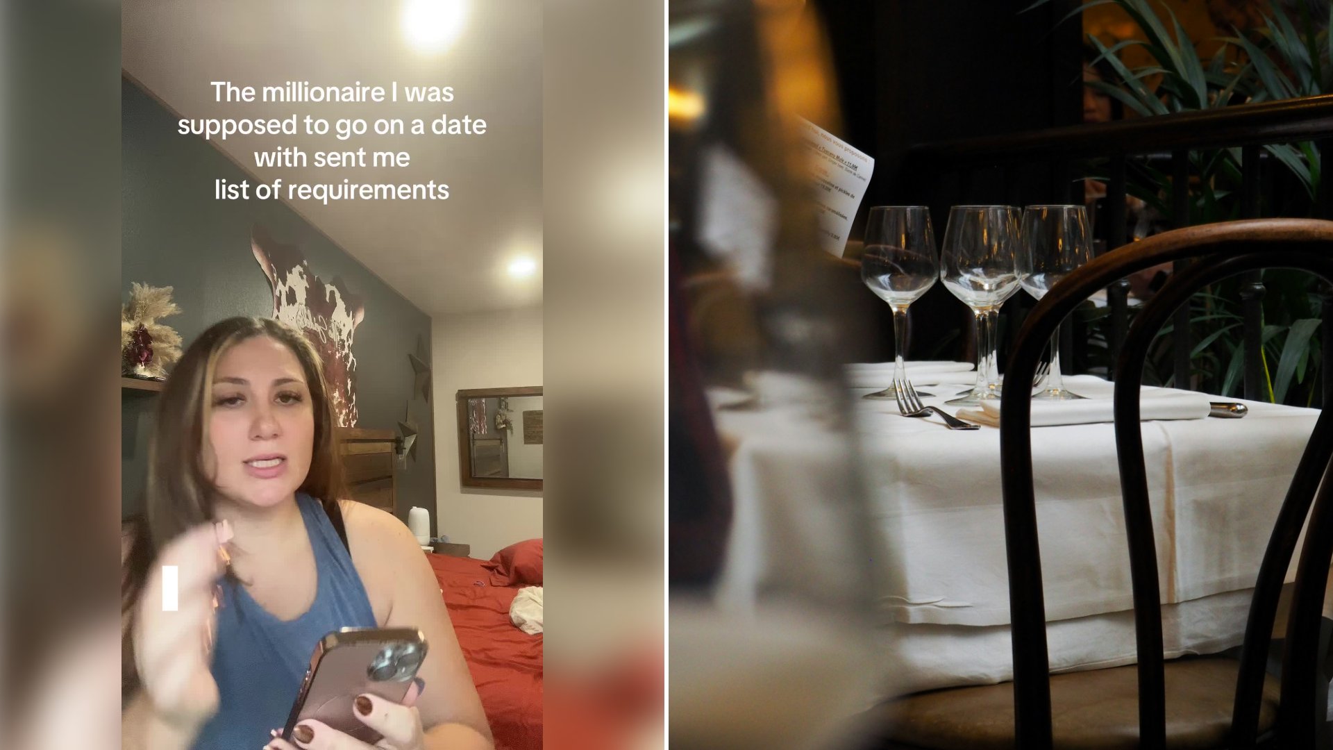 Left: cover still from a TikTok video by @@spicygirlie0. Right: A restaurant table set with wine glasses and cutlery (Unsplash photo by Julie Mallet).