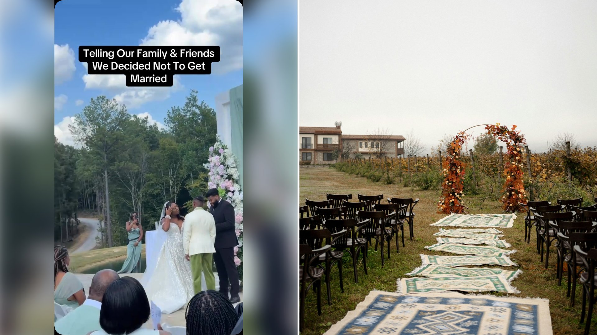 Left: cover still from an Instagram reel by @. Right: An outdoor ceremony set up with chairs and rugs (Unsplash photo by Sergio Butko).