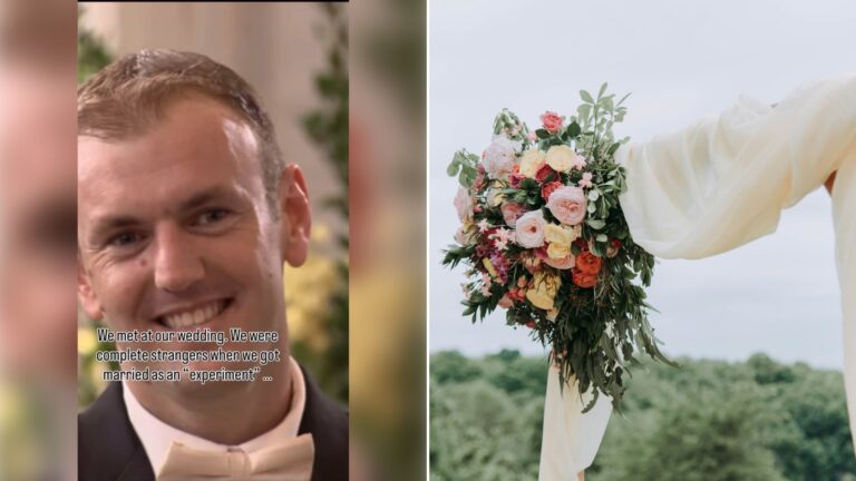 Left: cover still from an Instagram reel by @. Right: A bouquet of mixed-colour flowers hanging at a wedding altar (Unsplash photo by Samantha Gades).