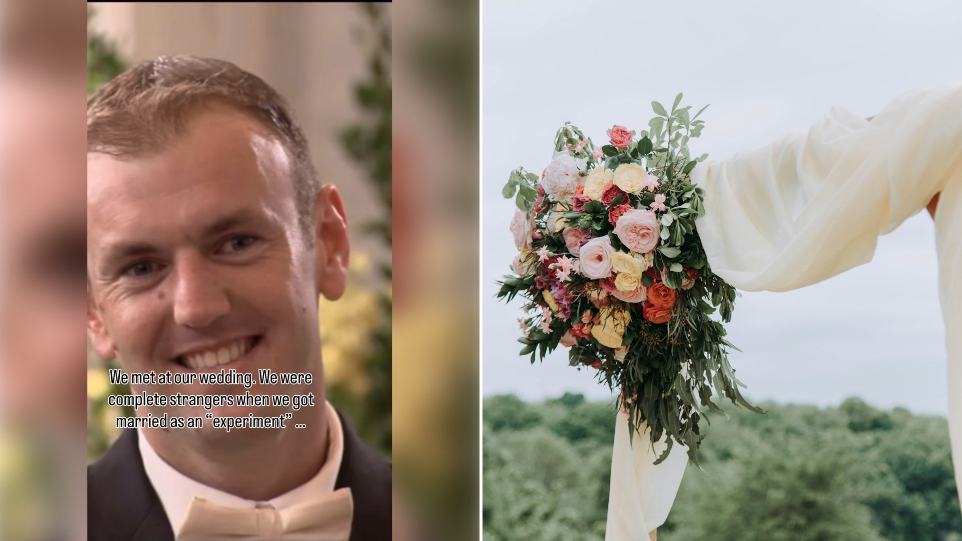 Left: cover still from an Instagram reel by @. Right: A bouquet of mixed-colour flowers hanging at a wedding altar (Unsplash photo by Samantha Gades).