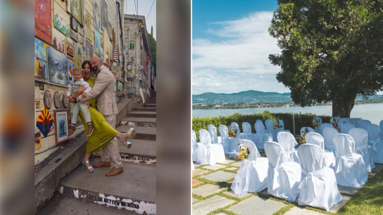 Left: cover still from an Instagram reel by @. Right: Rows of empty white chairs set beside trees near the water (Unsplash photo by Luigi Pozzoli).