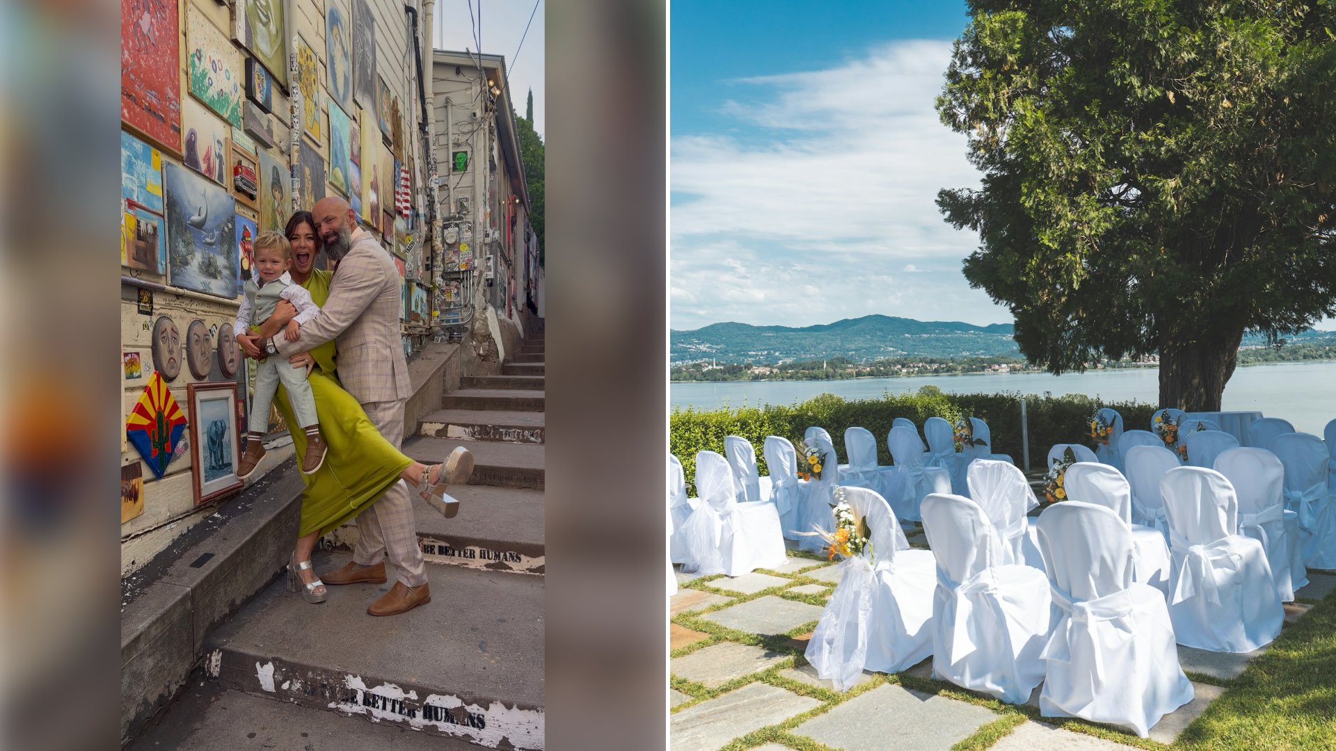 Left: cover still from an Instagram reel by @. Right: Rows of empty white chairs set beside trees near the water (Unsplash photo by Luigi Pozzoli).