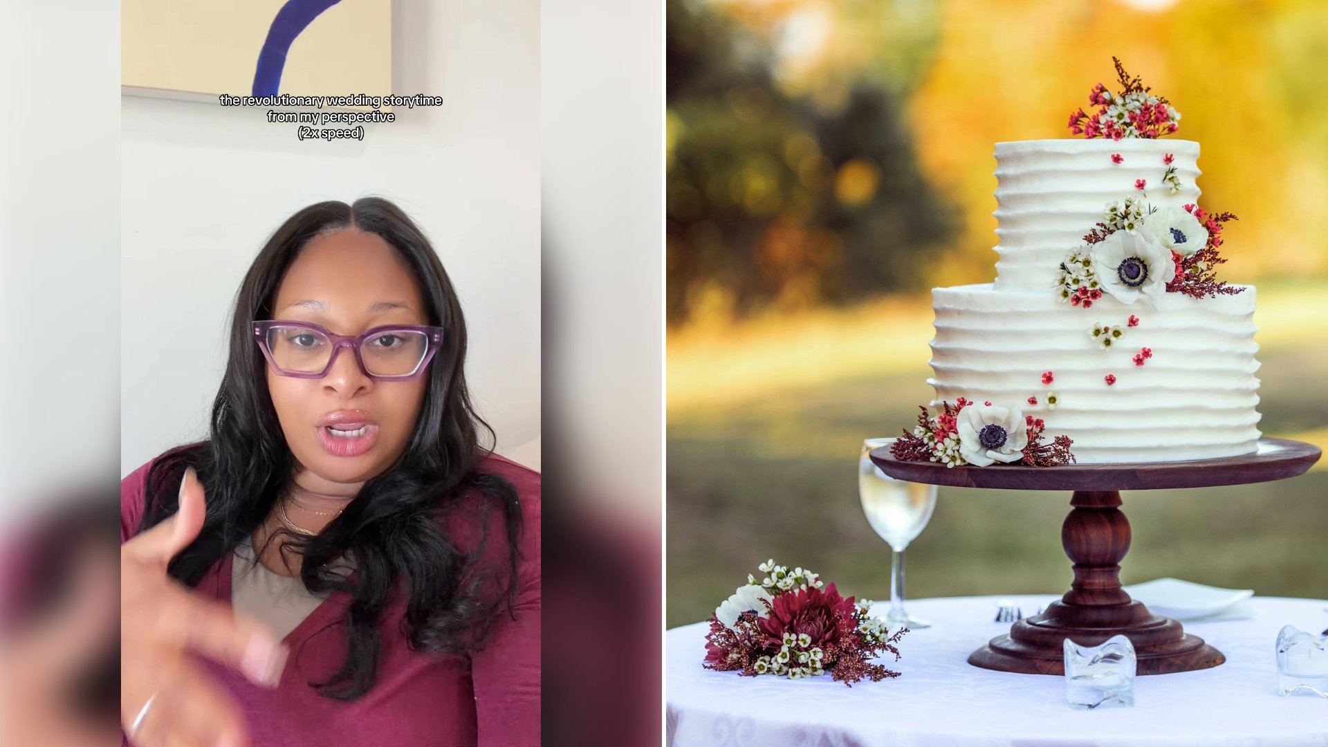 Left: cover still from a TikTok video by @@cierralikeseggs. Right: A white and red floral wedding cake on a wooden stand (Unsplash photo by David Holifield).