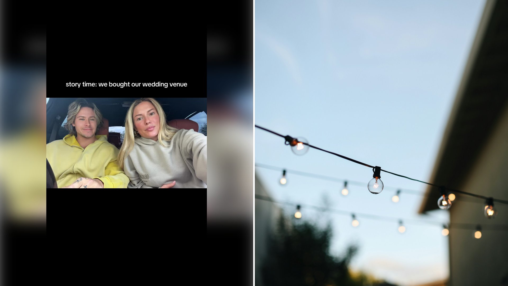 Left: cover still from a TikTok video by @@diaryofasalesgirl. Right: String lights hanging over a street (Unsplash photo by Giorgio Trovato).