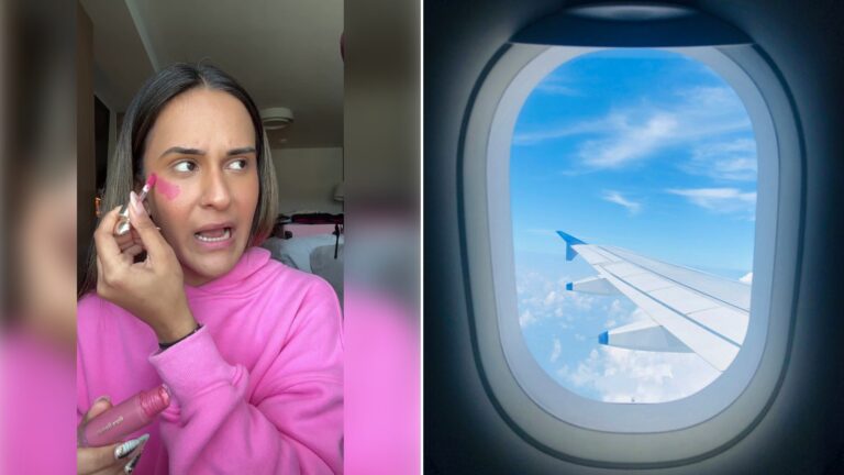Left: cover still from a TikTok video by @@moona___moona. Right: An airplane window panel (Unsplash photo by Nandha Kumar).