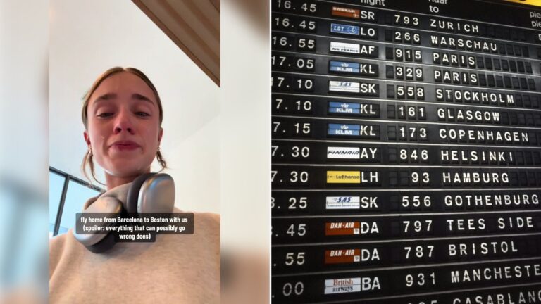 Left: cover still from a TikTok video by @@evelillyyy. Right: An airport departure board showing flight destinations and times (Unsplash photo by Amsterdam City Archives).