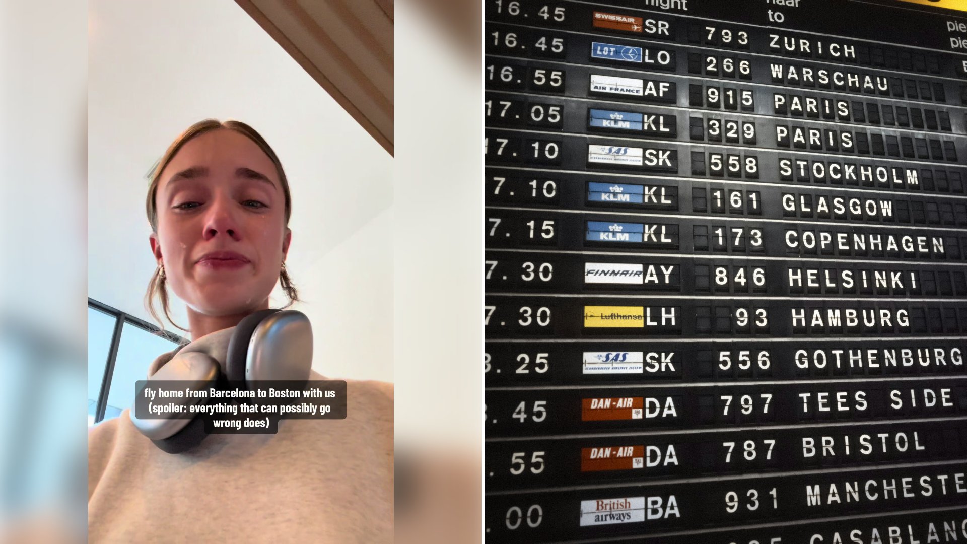 Left: cover still from a TikTok video by @@evelillyyy. Right: An airport departure board showing flight destinations and times (Unsplash photo by Amsterdam City Archives).