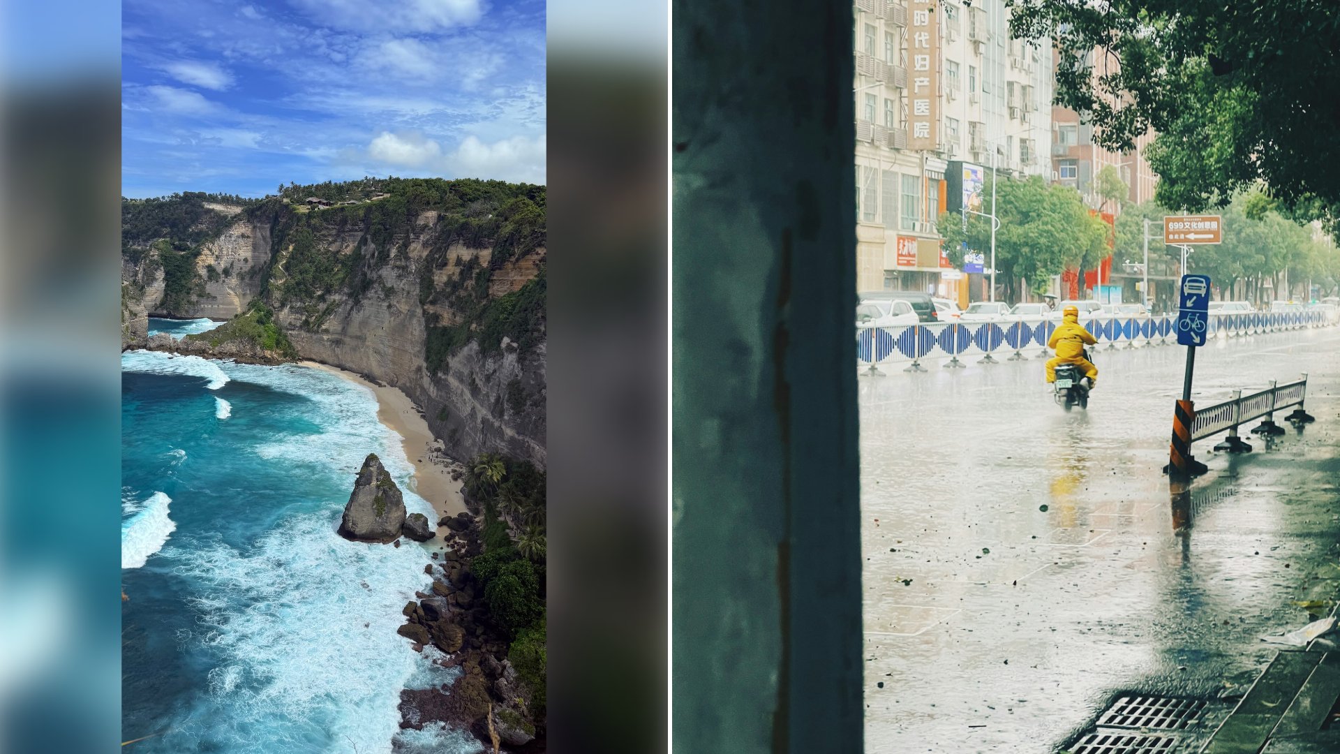 Left: cover still from an Instagram reel by @. Right: A person riding a motorbike down a wet street (Unsplash photo by Lin Xin).