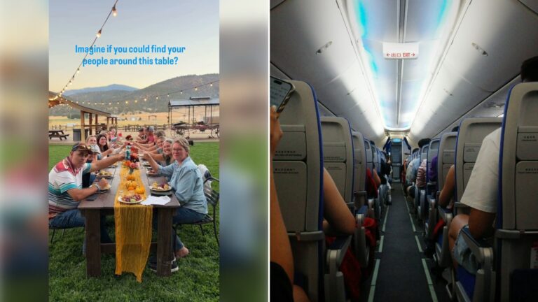 Left: cover still from an Instagram reel by @. Right: Passengers in seats along the aisle of an airplane cabin (Unsplash photo by jerry chen).