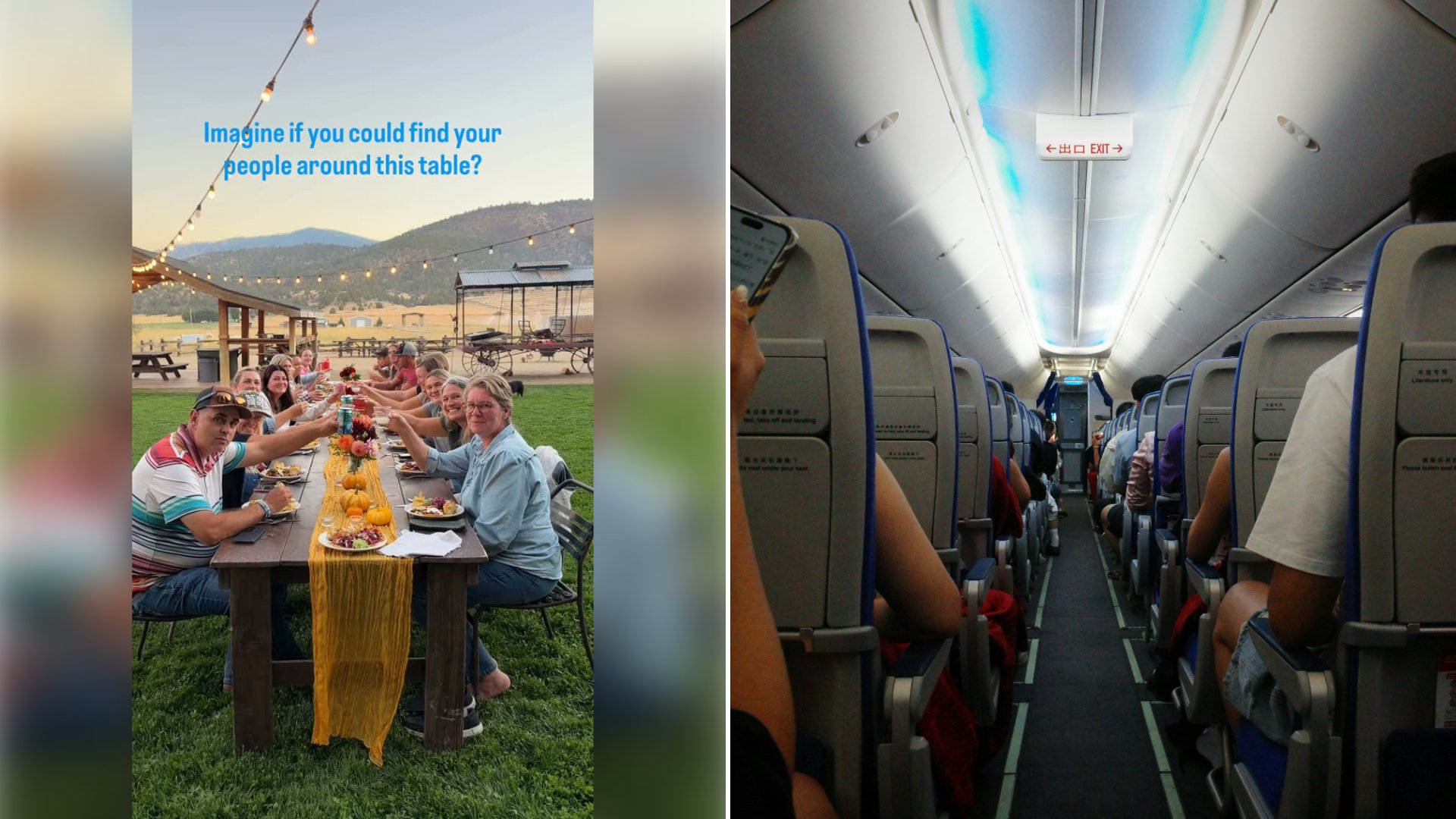 Left: cover still from an Instagram reel by @. Right: Passengers in seats along the aisle of an airplane cabin (Unsplash photo by jerry chen).