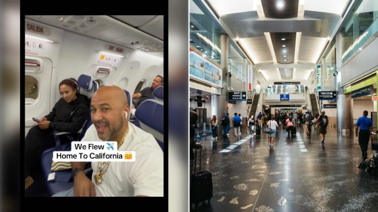 Left: cover still from a TikTok video by @@streeterfamily. Right: A group of travelers walking through an airport terminal (Unsplash photo by Daniel).