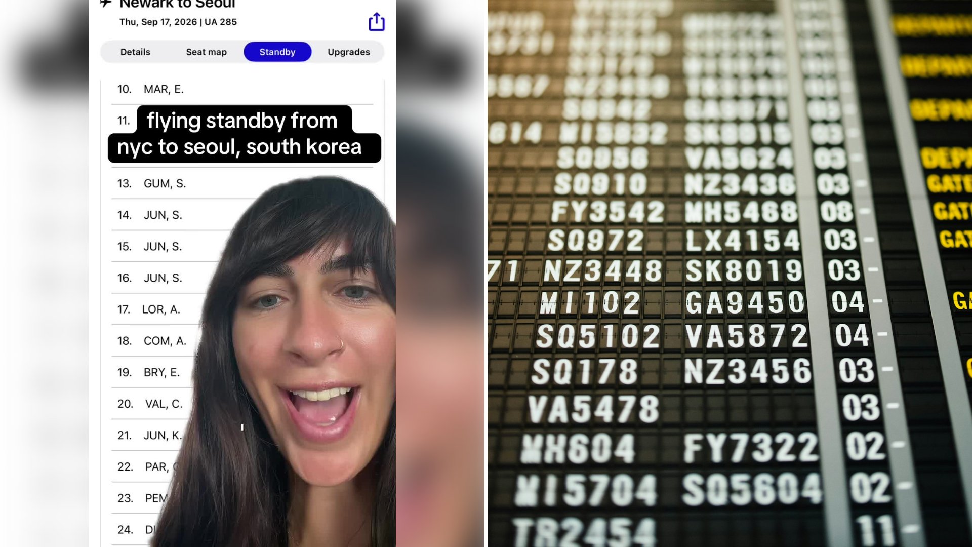 Left: cover still from a TikTok video by @@thevacationdesk. Right: An airport information board showing flight gate signs (Unsplash photo by CHUTTERSNAP).