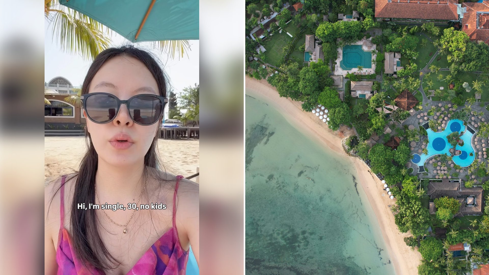 Left: cover still from an Instagram reel by @. Right: A bird's eye view of a resort on a tropical island beside the sea (Unsplash photo by Antonio Araujo).