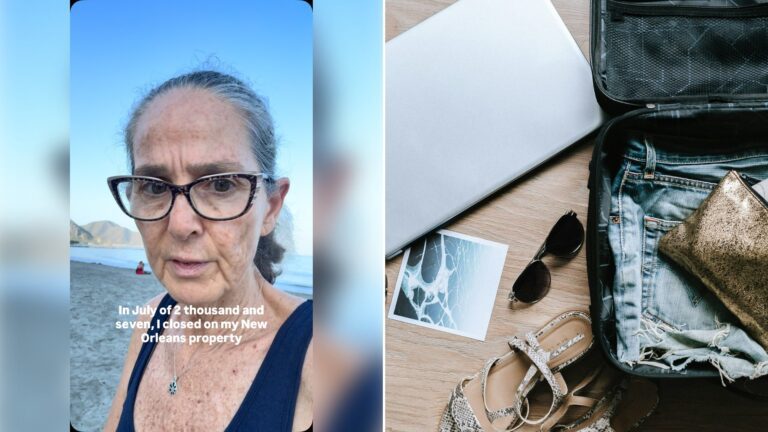 Left: cover still from an Instagram reel by @. Right: A black DSLR camera near sunglasses and a bag (Unsplash photo by Anete Lūsiņa).