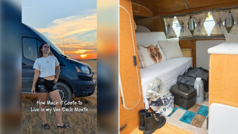 Left: cover still from an Instagram reel by @. Right: A camper van interior with bedding, bags, boots and a cooler (Unsplash photo by nicola dowie).