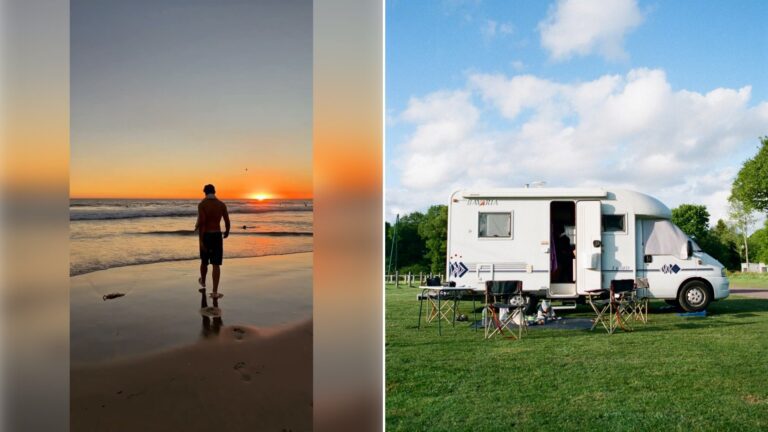 Left: cover still from an Instagram reel by @. Right: A white and brown camper trailer on a green grass field under a cloudy sky (Unsplash photo by lucas Favre).