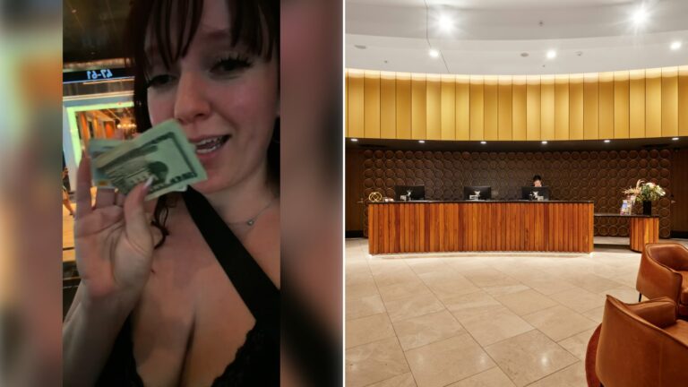 Left: cover still from a TikTok video by @@maddylinelove1. Right: A hotel reception desk with modern wooden furniture and seating (Unsplash photo by Neon Wang).