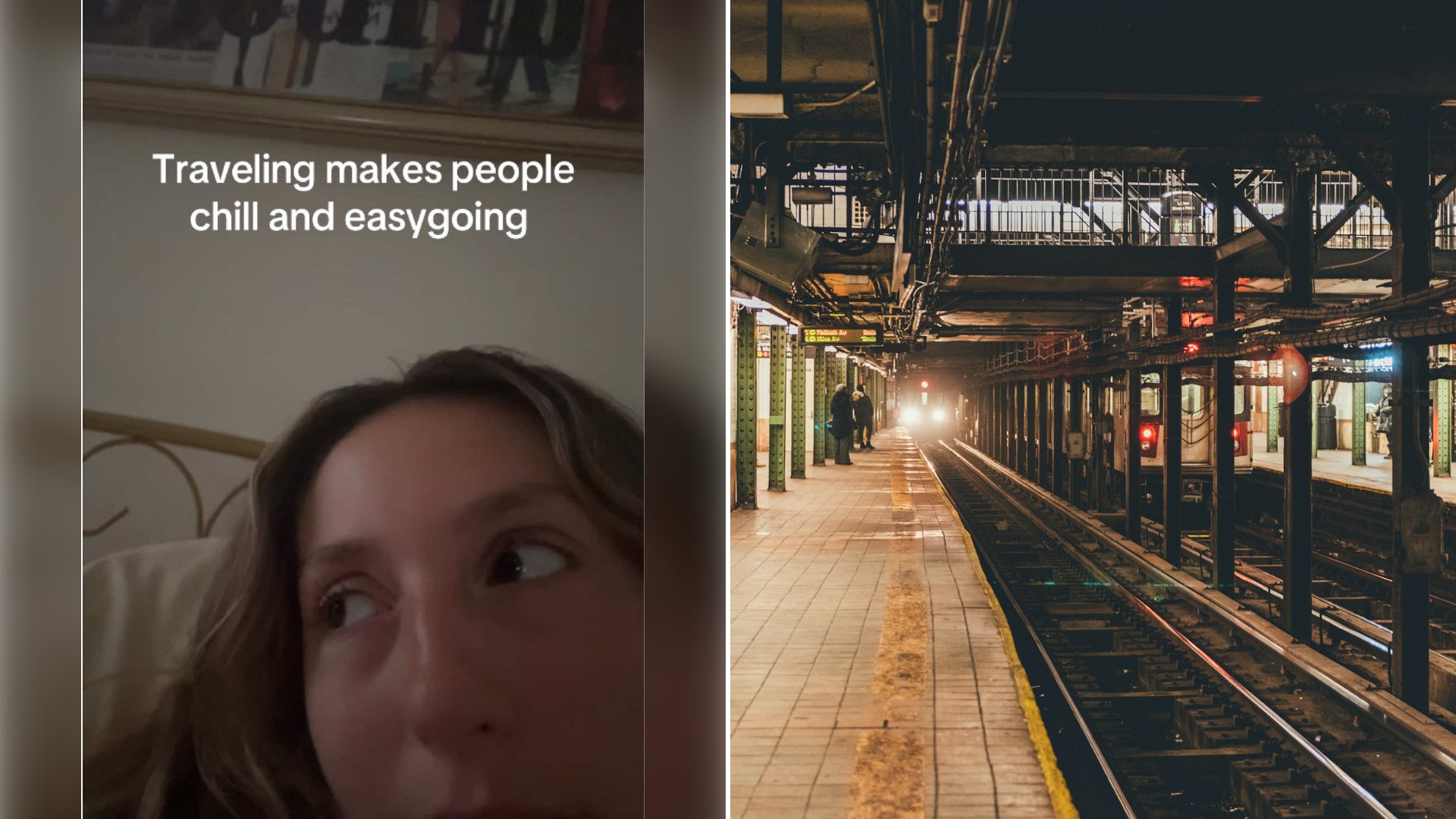 Left: cover still from a TikTok video by @@roseroamsaround. Right: A train approaching a subway station (Unsplash photo by Nic Y-C).
