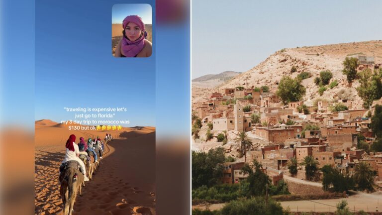 Left: cover still from a TikTok video by @@montanajanel. Right: A village of sandy-coloured buildings in a desert landscape (Unsplash photo by Rikke Hembre).