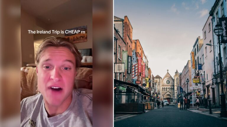 Left: cover still from a TikTok video by @@jacksonsgotflights. Right: People walking down a street toward a church (Unsplash photo by Gregory DALLEAU).