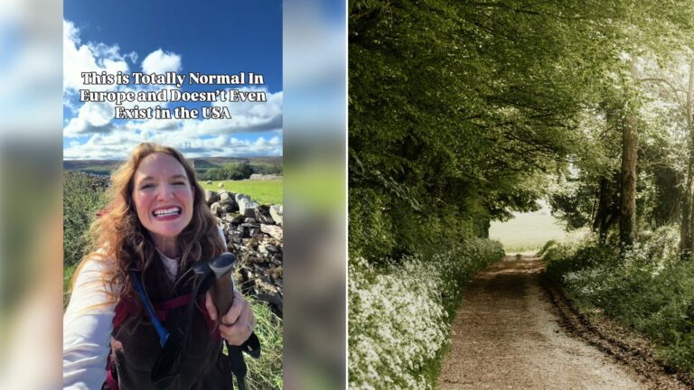 Left: cover still from a TikTok video by @@heleneinbetween. Right: A dirt country track lined with trees and white flowers (Unsplash photo by Kate Cullen).