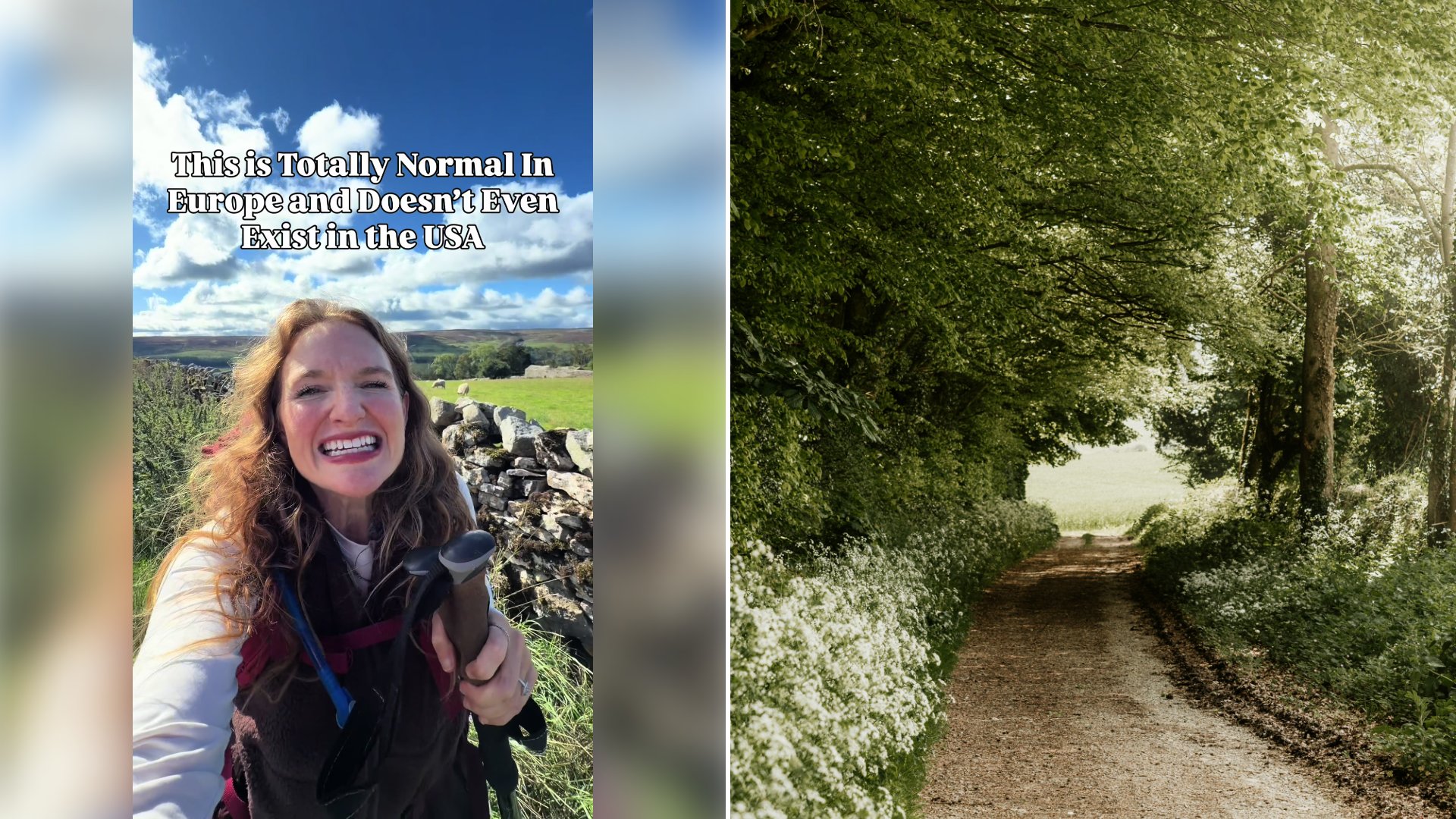 Left: cover still from a TikTok video by @@heleneinbetween. Right: A dirt country track lined with trees and white flowers (Unsplash photo by Kate Cullen).