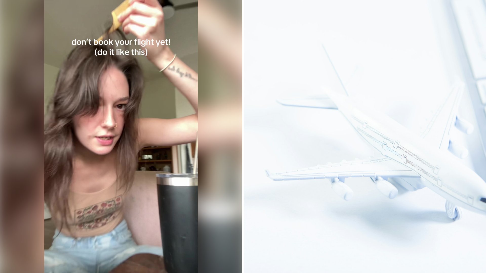 Left: cover still from a TikTok video by @@flightswaubrey. Right: A white toy airplane next to a computer keyboard (Unsplash photo by Sasun Bughdaryan).