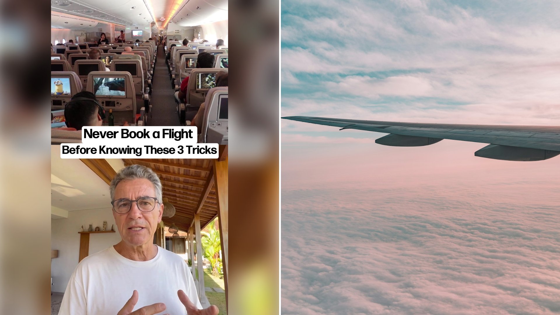 Left: cover still from a TikTok video by @@frank.travel. Right: A white airplane wing seen against the sky (Unsplash photo by Nicolas J Leclercq).