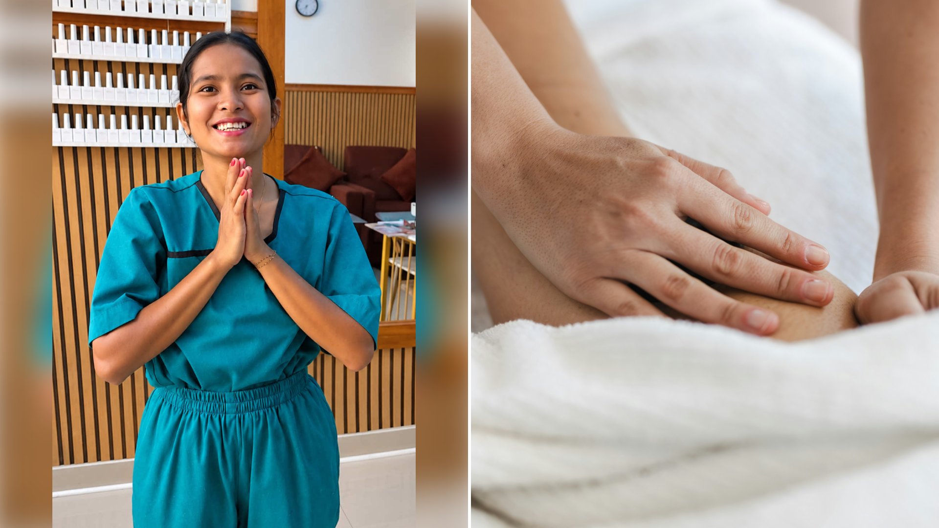 Left: cover still from a TikTok video by @@themassageguide. Right: A leg massage being given over a white towel (Unsplash photo by Mat Kilkeary).
