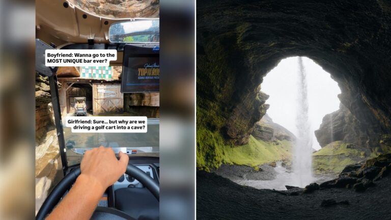 Left: cover still from an Instagram reel by @. Right: A cave entrance opening onto a waterfall (Unsplash photo by Karsten Winegeart).