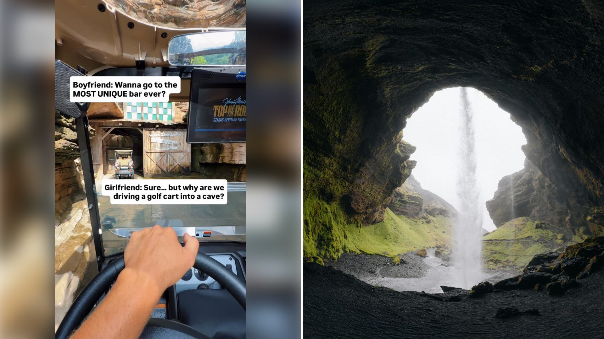 Left: cover still from an Instagram reel by @. Right: A cave entrance opening onto a waterfall (Unsplash photo by Karsten Winegeart).
