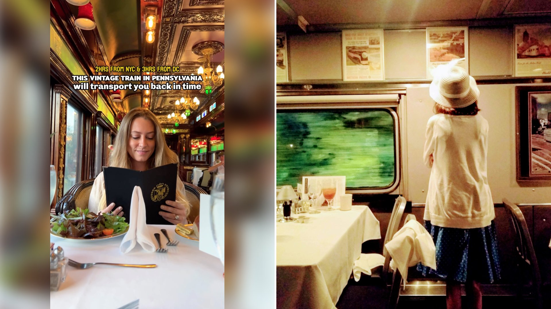 Left: cover still from an Instagram reel by @. Right: A vintage-styled scene inside an old train car (Unsplash photo by Clarissa Watson).