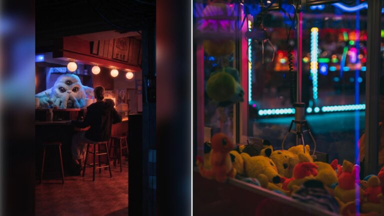 Left: cover still from an Instagram reel by @. Right: A group of stuffed toys in a room with colorful lights (Unsplash photo by Tom Caillarec).