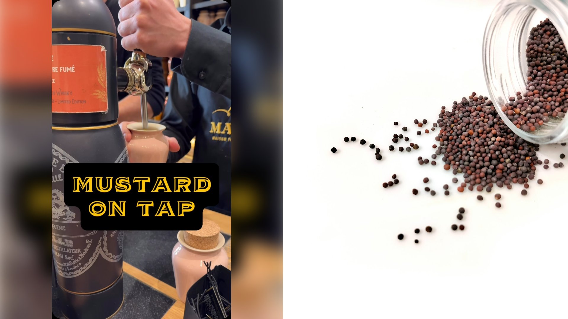 Left: cover still from an Instagram reel by @. Right: A glass jar of mustard seeds on a white table (Unsplash photo by Jaspreet Kalsi).