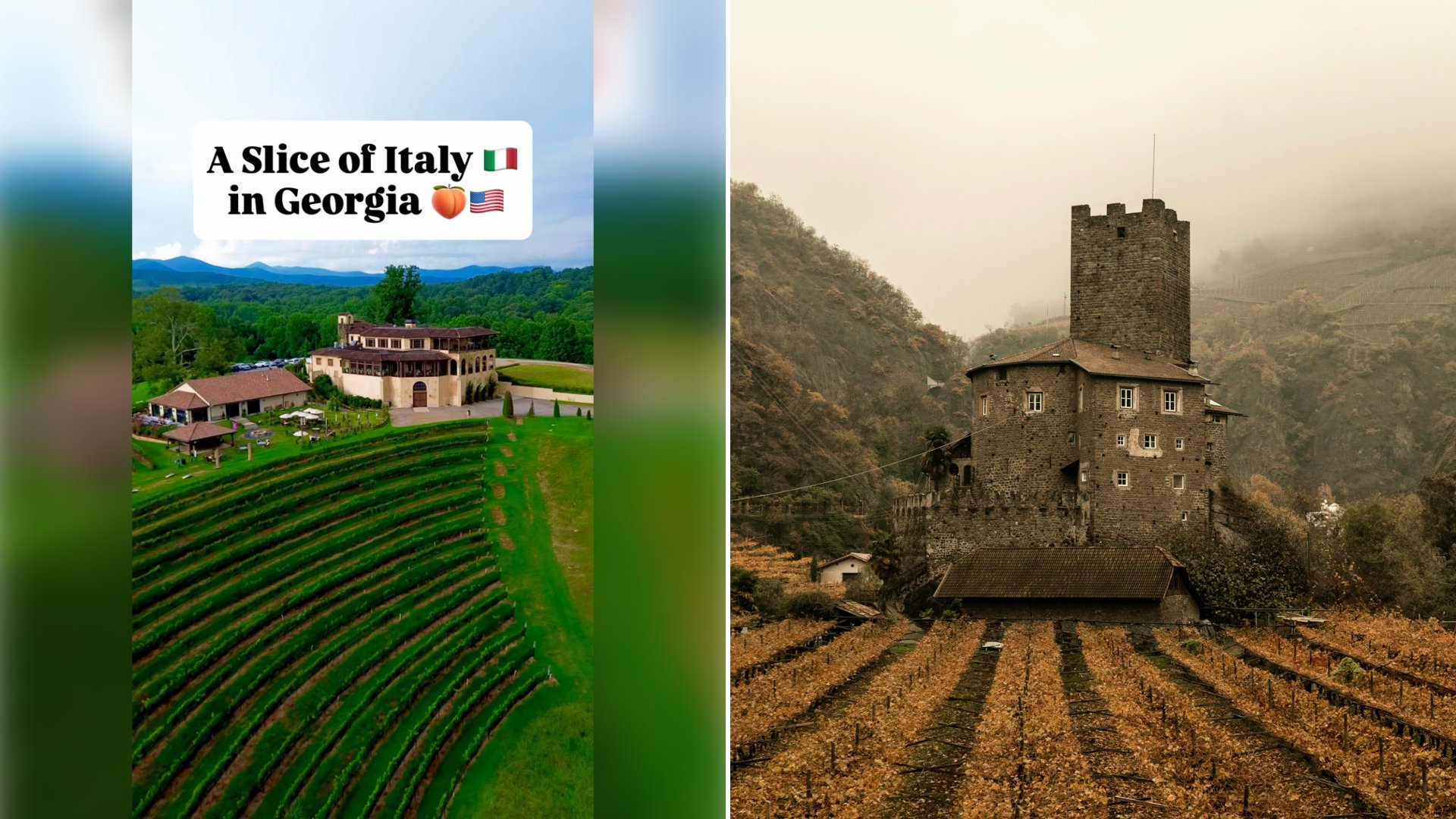 Left: cover still from an Instagram reel by @. Right: A castle overlooking a vineyard in misty mountains (Unsplash photo by Tara Fard).