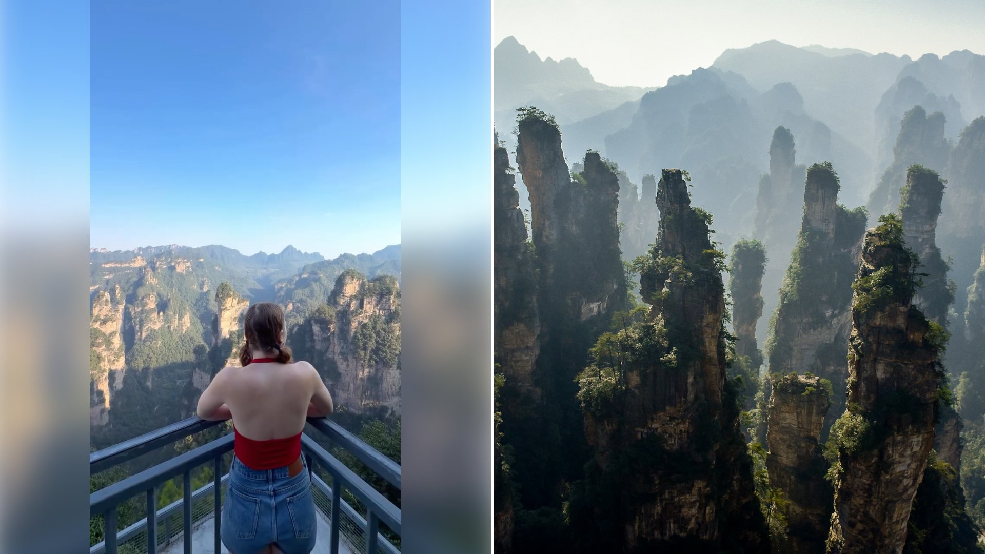 Left: cover still from an Instagram reel by @. Right: Gray rock formations in Zhangjiajie National Park (Unsplash photo by Robynne O).