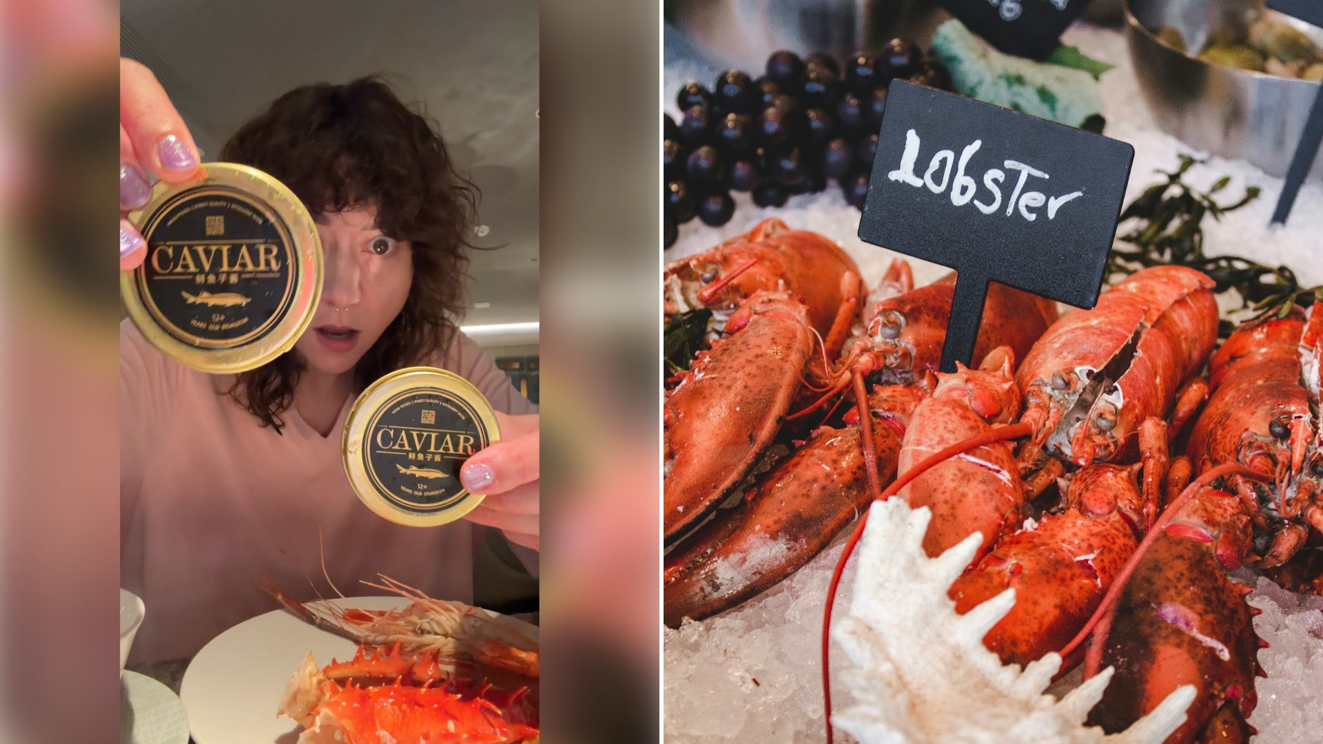Left: cover still from an Instagram reel by @. Right: A lobster on an icy tray (Unsplash photo by Louis Hansel).