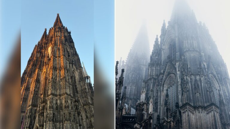 Left: cover still from an Instagram reel by @. Right: A tall cathedral towering over a city on a foggy day (Unsplash photo by Tobias Rademacher).