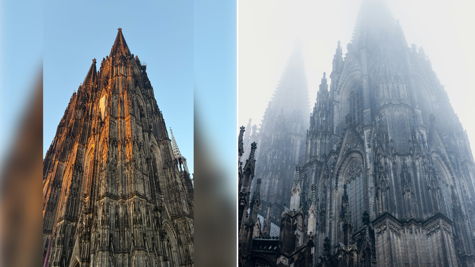 Left: cover still from an Instagram reel by @. Right: A tall cathedral towering over a city on a foggy day (Unsplash photo by Tobias Rademacher).