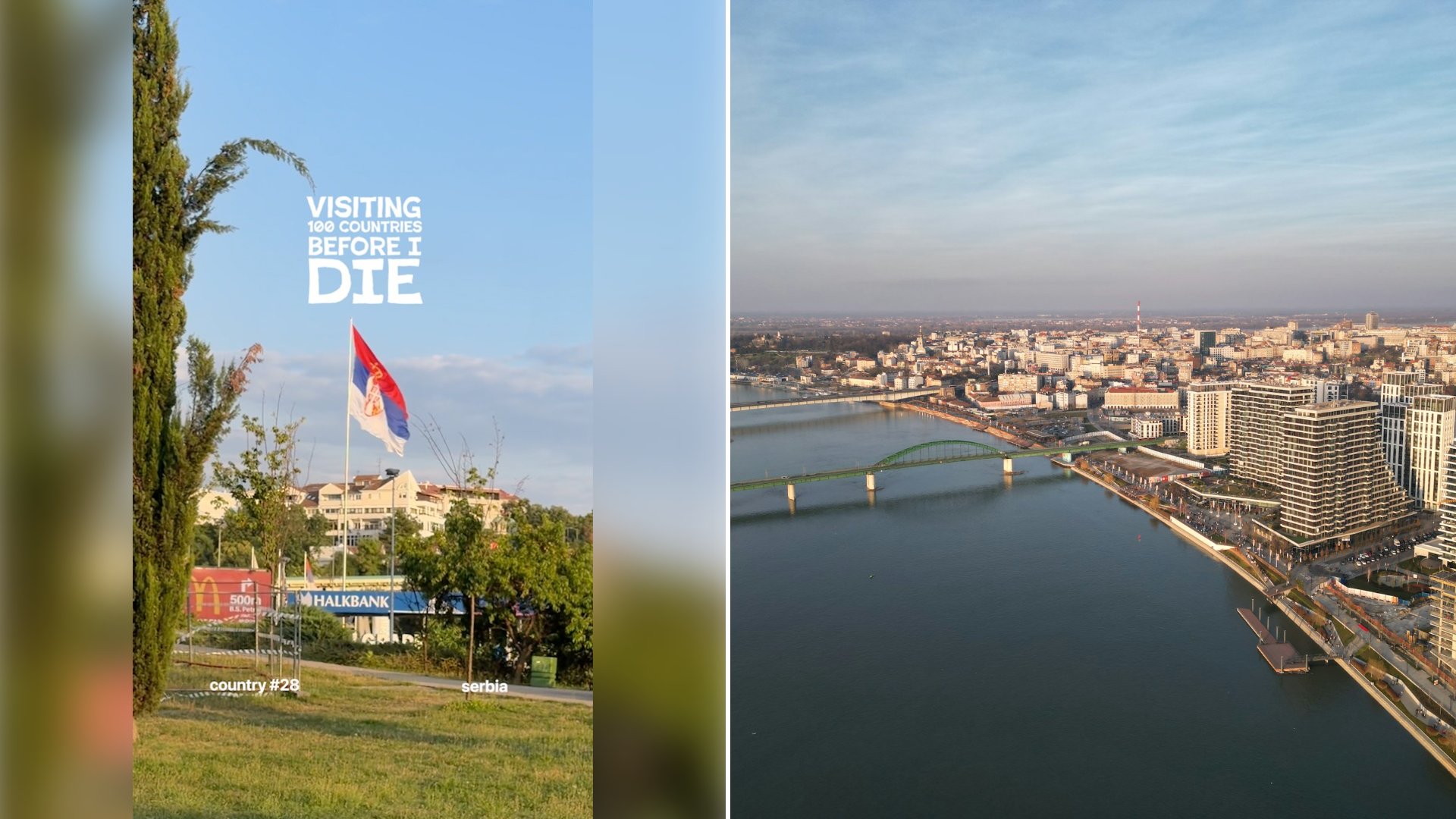 Left: cover still from an Instagram reel by @. Right: A river running through a city next to a bridge (Unsplash photo by Anton Lukin).