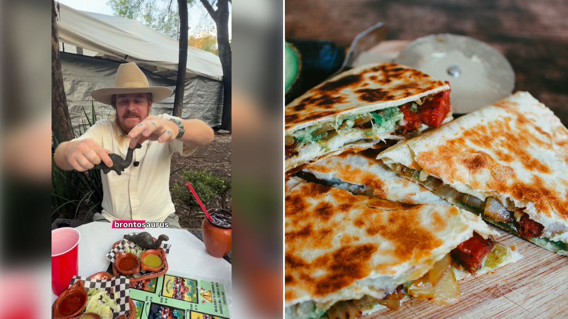 Left: cover still from an Instagram reel by @. Right: A sliced quesadilla on a wooden table (Unsplash photo by Lottie Griffiths).