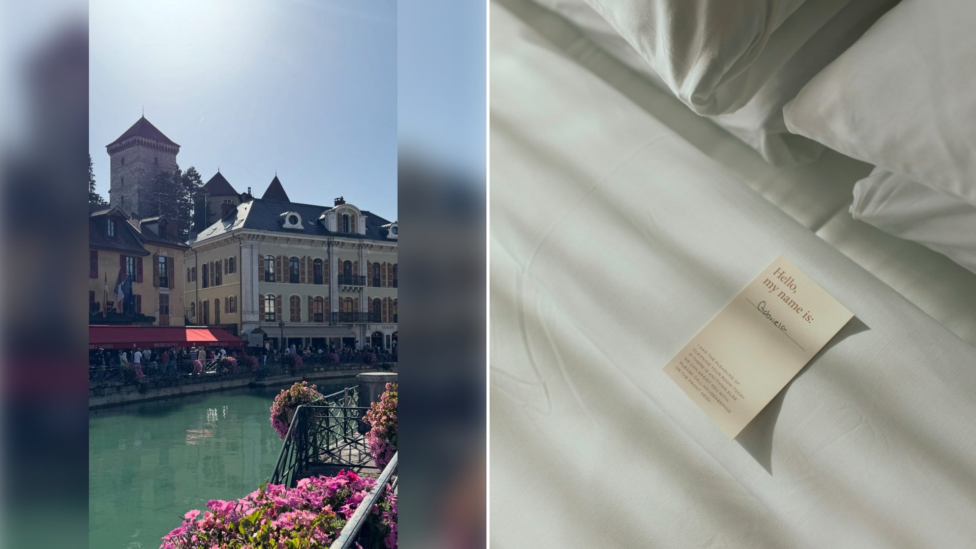 Left: cover still from an Instagram reel by @. Right: A sheet of paper lying on a bed with white sheets (Unsplash photo by Lisha Riabinina).