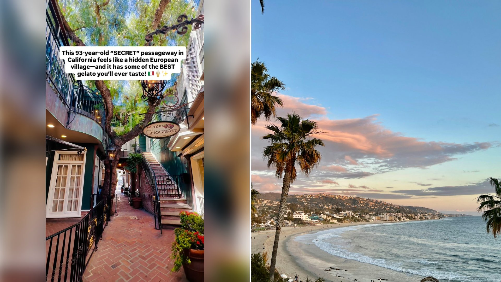 Left: cover still from an Instagram reel by @. Right: A beach with palm trees and the ocean at sunset in Laguna Beach (Unsplash photo by Nicholas Ceglia).