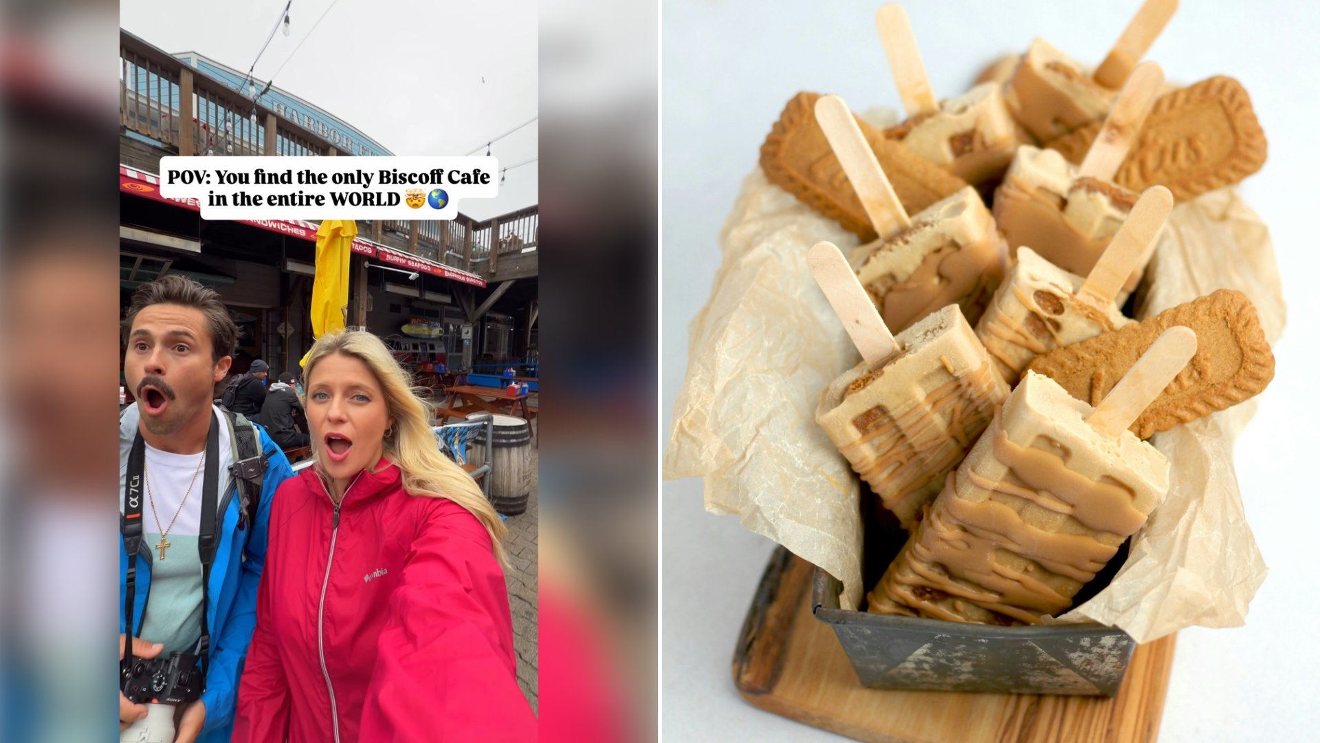 Left: cover still from an Instagram reel by @. Right: Close-up of brown cookie-flavoured ice pops (Unsplash photo by sheri silver).